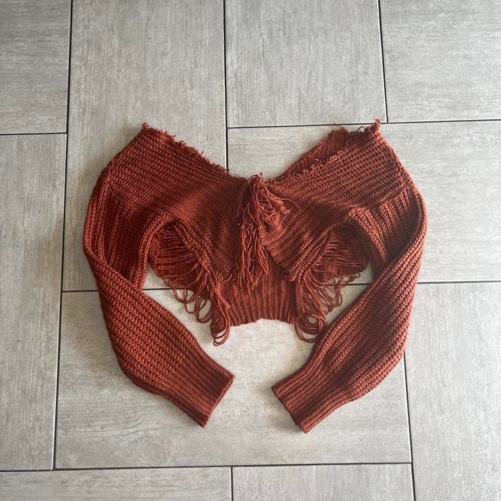 Distressed Rust Orange Chunky Knit Cropped Shrug Sweater Large